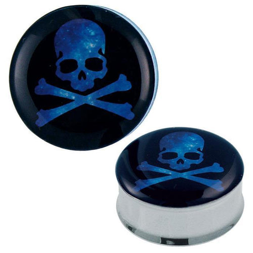 A pair of Plug Tunnel Piraten Totenkopf blau made from stainless steel and acrylic, featuring a blue skull and crossbones design on a dark background for expander piercing.