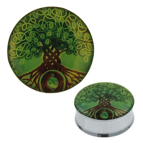 A round Plug Tunnel Baum des Lebens Yin Yang in green, made of stainless steel and acrylic, featuring a stylized tree of life design with intricate roots and branches—ideal as an expander or piercing.