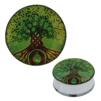 Load image into Gallery viewer, A round Plug Tunnel Baum des Lebens Yin Yang in green, made of stainless steel and acrylic, featuring a stylized tree of life design with intricate roots and branches—ideal as an expander or piercing.
