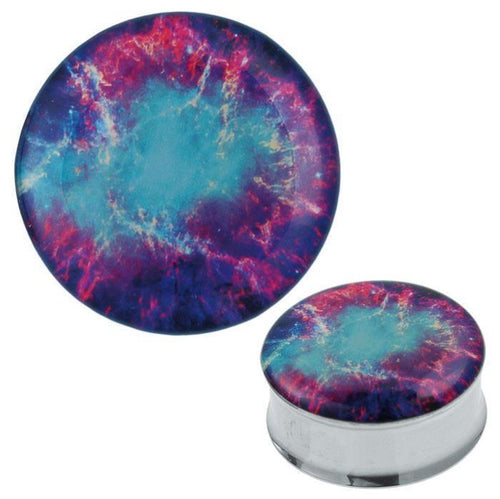 The Plug Tunnel türkis lila Blitze features a nebula-inspired Acryl front with swirling blue, purple, pink, and yellow patterns, set in a sleek Edelstahl Metalltunnel base—perfect as an Expander Piercing aus Chirurgenstahl.