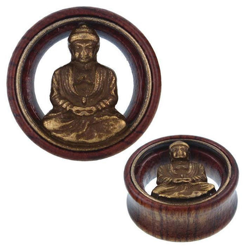 Holz Tunnel Buddha meditierend Brass Inlay antik golden Tribal Plug Expander