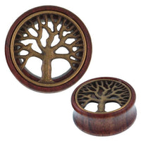 Load image into Gallery viewer, Holz Tunnel Baum des Lebens oxidiert Brass Inlay antik golden Tribal Plug Expander
