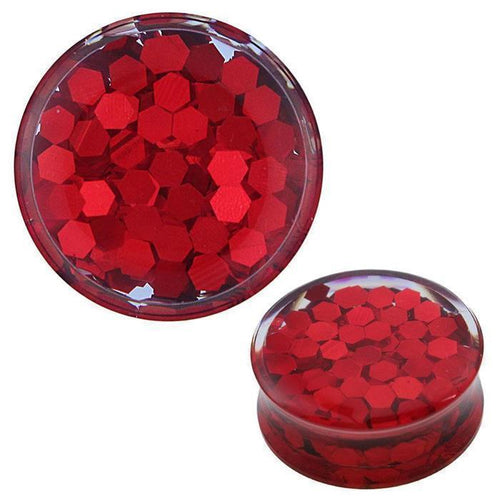 Plug rot Glitzer Waben Acryl transparent Tunnel Expander Piercing Ohrschmuck