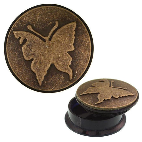 Schraub Plug Schmetterling Acryl Brass Inlay antik golden Tunnel Expander Piercing