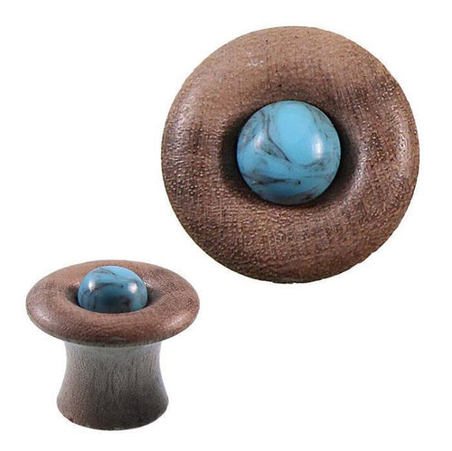 The Holz Tunnel hell gemasert Pilzform Plug features a wide, flat rim with an acrylic turquoise sphere at the center, shown from the front and side to highlight its Tribal Expander design and natural craftsmanship.