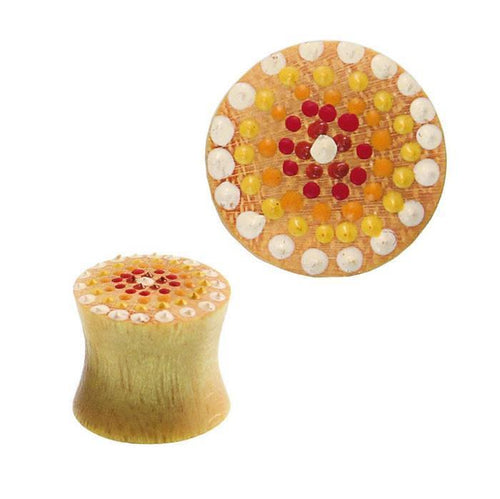 Jackfrucht Holz Plug ocker Punkte Blume bemalt Tunnel Tribal Expander Organic