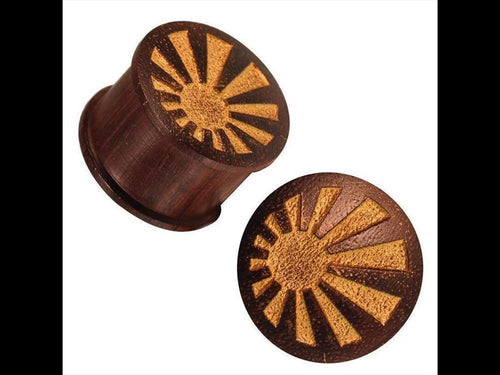 Holz dunkelbraun gemasert gold bemalt Lasergravur Strahlen Tunnel Tribal Expander