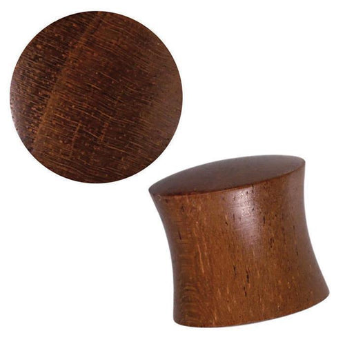 The Rangas Holz Plug braun features a slightly convex shape with natural wood grain lines, shown from the side and top views. Its smooth, polished surface makes this organic tribal expander both stylish and comfortable to wear.