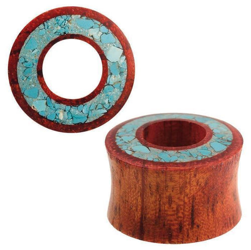 Two Holztunnel dunkelbraun gemasert plugs with round inlay of small türkisfarbenen Steinen, displayed from top and angled views. The dark brown wood contrasts beautifully with the blue-green stone accents.