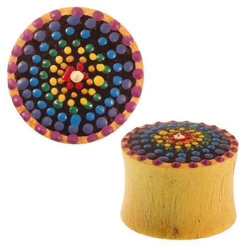 The Jackfrucht Holz Plug is hand-painted with a colorful dot mandala in lila, blau, and bunt tones, crafted from Jackfrucht wood and features a unique Tribal floral design.