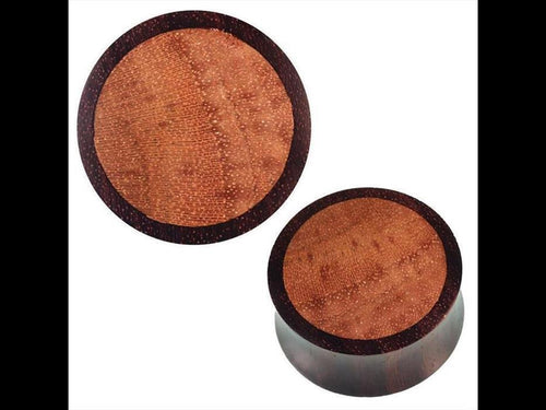 A pair of Arangholz Plug mit natürlicher Maserung, gefüllt mit Teakholz, Tribal Expander Tunnel, zeigt eine hellere Teakholz-Einlage in der Mitte und einen dunkleren Außenring, präsentiert auf weißem Hintergrund.