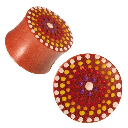 Sawo Holz Plug handbemalt Tupfen Blume rot gelb bunt Expander Tunnel Tribal