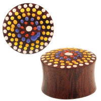 Load image into Gallery viewer, A hand-painted Sonoholz Plug (Tupfen Blume rot gelb bunt) with a flared end, featuring a colorful mandala dot flower design in red, yellow, blue, and white on the front. Ideal as an expander tunnel with tribal style.
