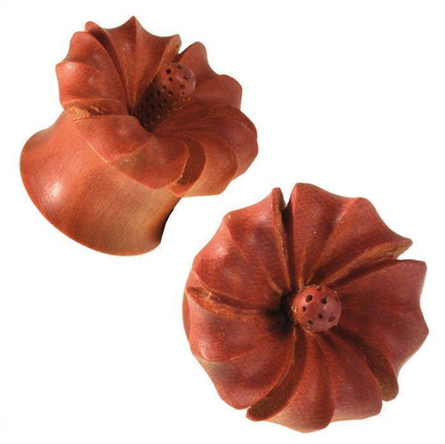 Hibiscus Blüte Handarbeit Plug Sawoholz Rotbraun Tunnel Expander