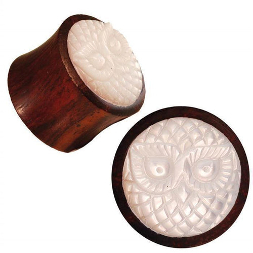Organic Sonoholz Plug Perlmutt Eule handgeschnitzt schillernd Tunnel Tribal Expander