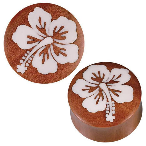 Plug braun Sawoholz weißes Bone Inlay Hibiscus Blüte Tribal Expander