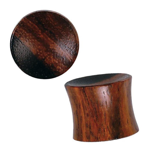 Two views of the Sono Holz Plug natürliche Maserung braun Tribal: one shows its flat, polished circular front; the other displays its flared, hourglass-shaped side and smooth brown wood grain, ideal for a unique tribal flesh piercing style.