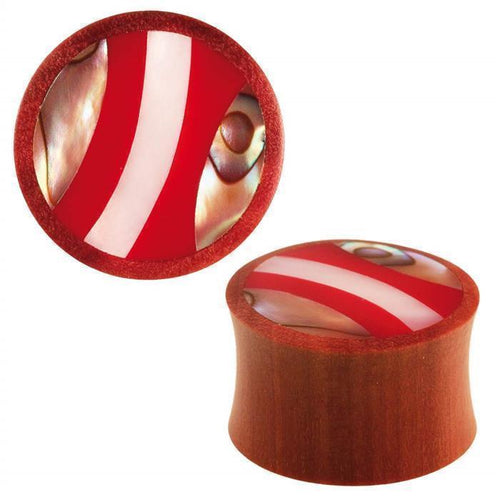 Two round Saba Holz Plug Muschel Inlay Streifen Rot weiß Expander Tunnel plugs feature red, white, and abalone inlaid stripes on the flat ends, shown against a white background.