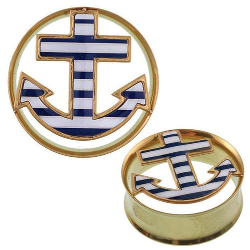 Plug Tunnel Anker Marine Streifen Edelstahl golden Expander Piercing Chirurgenstahl Acryl