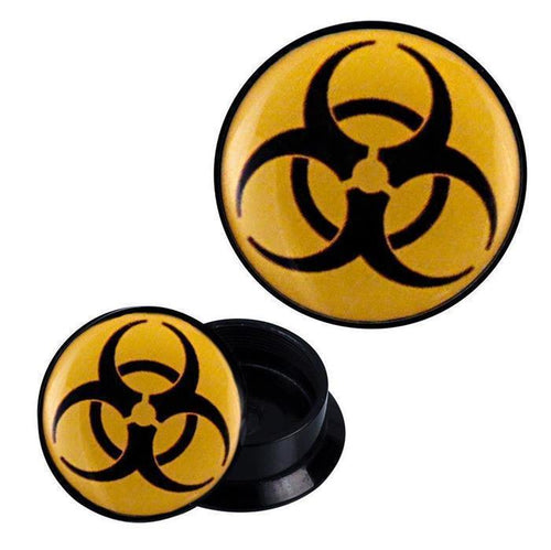 Two round black Schraub Plug Acryl Biohazard gelb schwarz Expander Piercing Ohrschmuck plugs with yellow tops and bold black biohazard symbols are shown—one upright displaying the symbol, the other lying on its side.