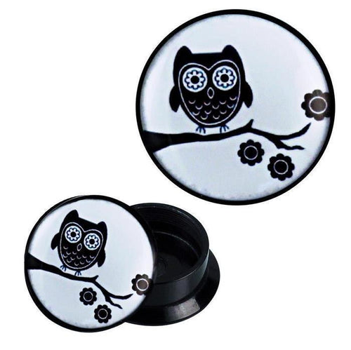 Round black Schraub Plug Acryl with a lid featuring a black-and-white owl on a branch design. The lid can be closed or removed to reveal the Expander Piercing Ohrschmuck inside.