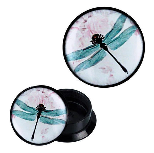 The Schraub Plug Acryl Libelle Blüten türkis rosa Piercing Ohrschmuck is a round black plug with a turquoise dragonfly and pink floral design, shown open to display the matching motif on both pieces.