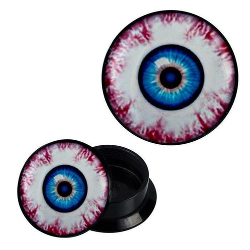 The Schraub Plug Acryl Auge Augapfel blau Piercing Ohrschmuck is a black round container with lid, both featuring a realistic blue eye with red veins design on white. The open container shows its interior.