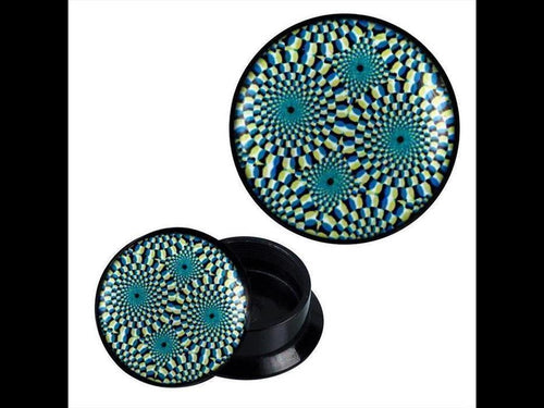 The Schraub Plug Acryl Illusionsmuster Kreise Punkte Piercing Ohrschmuck features a round plug with lid, both displaying vivid blue, yellow, and black spiral illusions on a black base, set against a white background with bold black side borders.