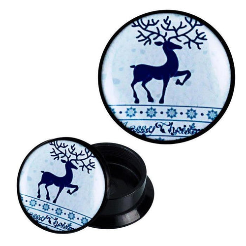 A black, circular Schraub Plug Acryl Rentier Weihnachten container with a blue-white reindeer and snowflakes design—ideal for storing your Ohrschmuck. The lid is open, displaying the inside of the container.