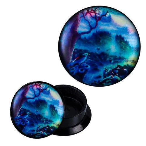 The Schraub Plug Acryl Paradies Garten in blue, green, and yellow features a detailed, fantasy forest scene—perfect for adding colorful, mystical art style to your Piercing Ohrschmuck collection.