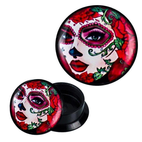 The Schraub Plug Acryl Rosen Sugar Skull Frau pink weiß Piercing Ohrschmuck features vivid Day of the Dead artwork with a woman's face, red roses, green leaves, and bold patterns—perfect as a standout Ohr Plug.