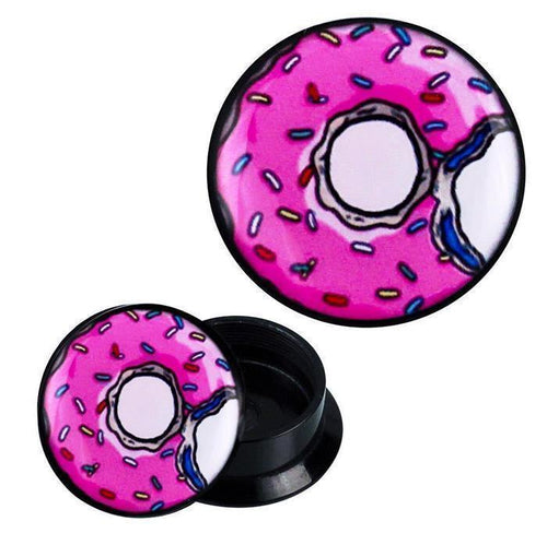 The Schraub Plug Acryl Donut pink blau Streusel angebissen Piercing Ohrschmuck features two black plugs with a bitten pink and blue sprinkled donut design, shown from top and side views, in an easy-to-use screw style.