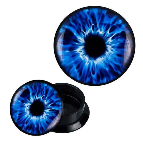 The Schraub Plug Acryl blau weißes Auge Pupille Piercing Ohrschmuck features round black acrylic ear plugs with a vivid blue and white eye design; one plug is shown from above and one open to display its hollow interior.
