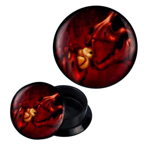 The Schraub Plug Acryl features a black circular design with artwork of a red dragon skeleton gently holding a yellow chick, set against a dark red background—perfect as striking piercing ear jewelry.