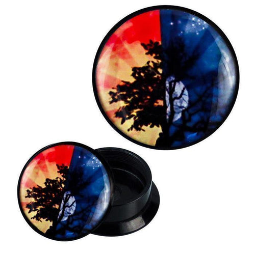 The Schraub Plug Acryl Baum Jahreszeiten Tageszeiten Piercing Ohrschmuck displays a silhouetted tree with colorful rays in red, yellow, blue, and black, creating a vibrant, abstract look for your ear jewelry.