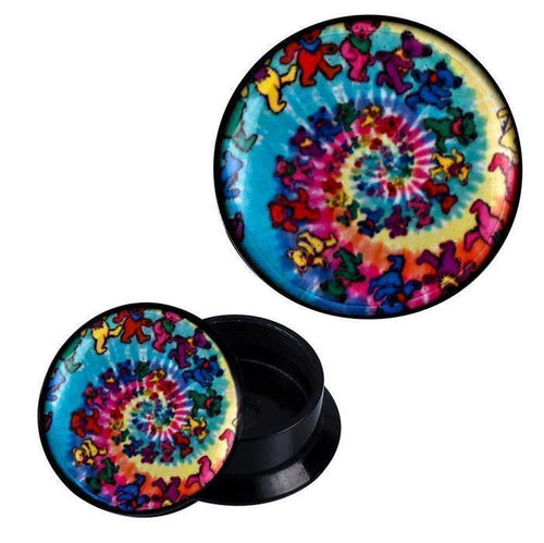 The Schraub Plug Acryl bunte Teddy Bärchen Spirale Piercing Ohrschmuck is a round, colorful acrylic plug with a removable lid, featuring a vibrant, psychedelic spiral of teddy bear silhouettes on a tie-dye background.