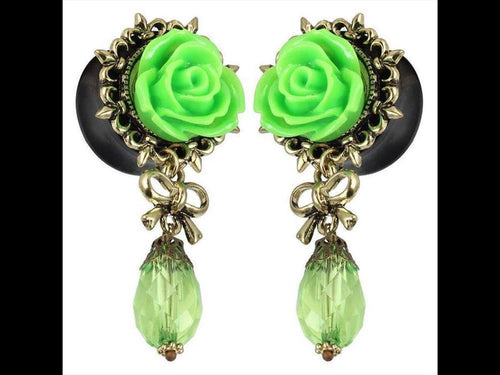 Plug Acryl Brass Rose Glastropfen grün Schleife Lilienrand golden Anhänger Piercing