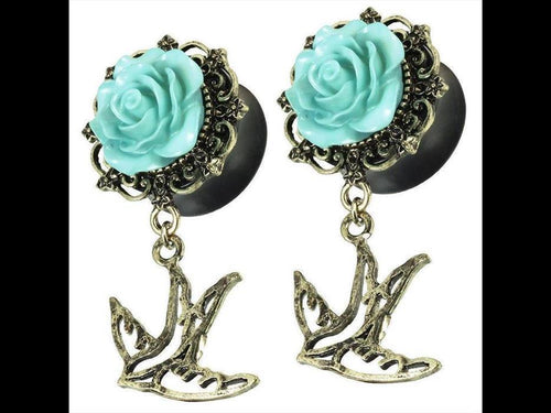 Plug Acryl Brass türkis Rose Blumen Bögen Rand golden Schwalbe Anhänger Piercing