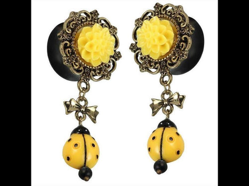 Plug Acryl gelb Dalie Marienkäfer Brassrand Blumen golden Schleife Anhänger Piercing