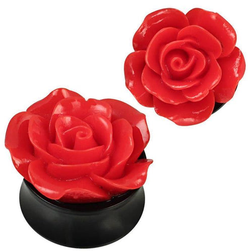 Two glossy, red, rose-shaped 3D Plug Acryl Rose rot plastisch Piercing Ohrschmuck pieces are shown on schwarz rot Plug bases against a white background—one rose viewed from above, the other at an angle.
