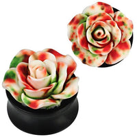 Load image into Gallery viewer, The 3D Plug Acryl weiß Rose orange grün gefleckt plastisch Piercing Ohrschmuck features artificial roses in white, green, and orange with a speckled design, artistically crafted for unique ear jewelry.
