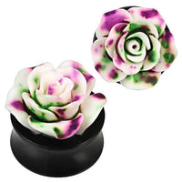Load image into Gallery viewer, 3D Plug Acryl weiß Rose lila grün gefleckt plastisch Piercing Ohrschmuck
