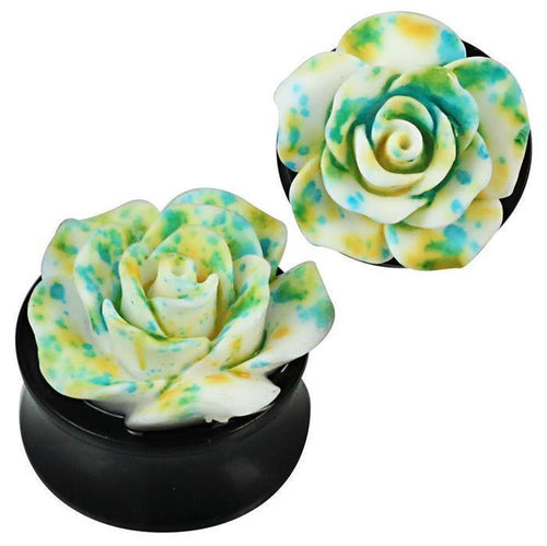 Two 3D Plug Acryl weiß Rose türkis gelb gefleckt plastisch Piercing Ohrschmuck—white acrylic plugs with dimensional rose shapes and turquoise-yellow speckles, perfect for a bold touch to your ear jewelry collection.