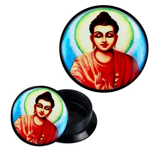 A round black Schraub Plug Acryl Buddha Heiligenschein Piercing Ohrschmuck with a lid showing a colorful Buddha in a red robe, green halo, and blue background. The lid is pictured both attached and removed.