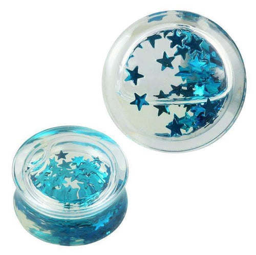 Two clear Plug Acryl transparent gauges with türkise mini Sterne glitter floating in liquid, shown from top and angled side views. These shiny Ohrschmuck plugs are perfect for stretched ear piercings.