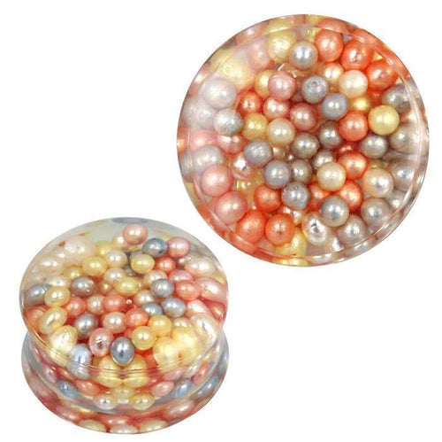 The Plug Acryl transparent metallic Kugeln bunt Piercing Ohrschmuck features a round, clear design filled with colorful pink, gold, white, and gray beads. Images show both top and side views with the beads arranged closely together.