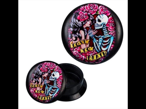 Schraub Plug Acryl Love to Death Paar Skelett Frau schwarz Piercing Ohrschmuck