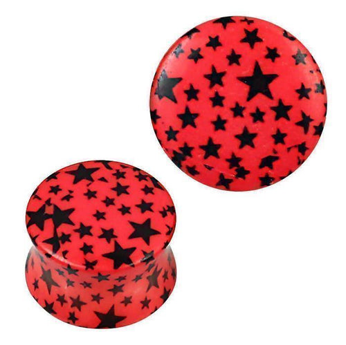Plug Acryl rot mit schwarzen Sternen gewölbt Piercing Ohrschmuck