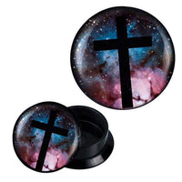 Load image into Gallery viewer, Schraub Plug Acryl schwarzes Kreuz vor All lila blau Piercing Ohrschmuck
