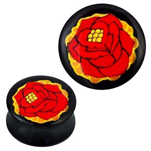A Plug Acryl Blume Rose in black, with a vibrant red rose outlined in yellow on the front, shown from side and top views. Perfect as piercing Ohrschmuck.